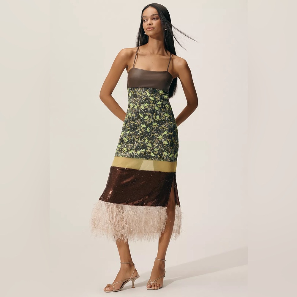 Anthropologie feather trim midi dress